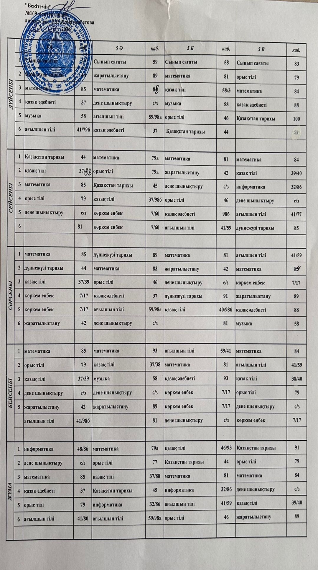 Сабақ кестесі 2024-2025 оқу жылы.