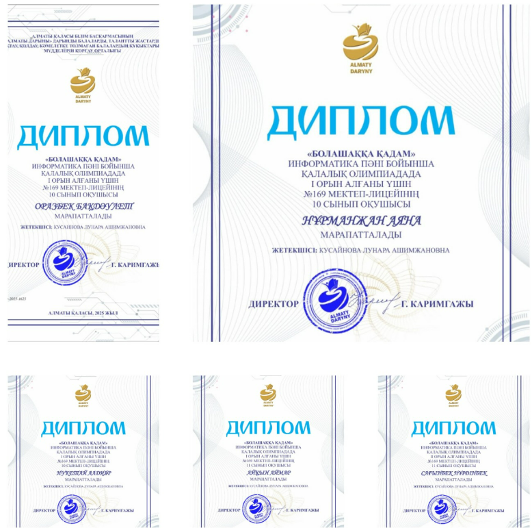Құттықтаймыз!  «Болашаққа қадам» қалалық олимпиадасында информатика пәні бойынша №169 мектеп-лицейінің 11-сынып оқушылары жүлделі І орын иеленді!
