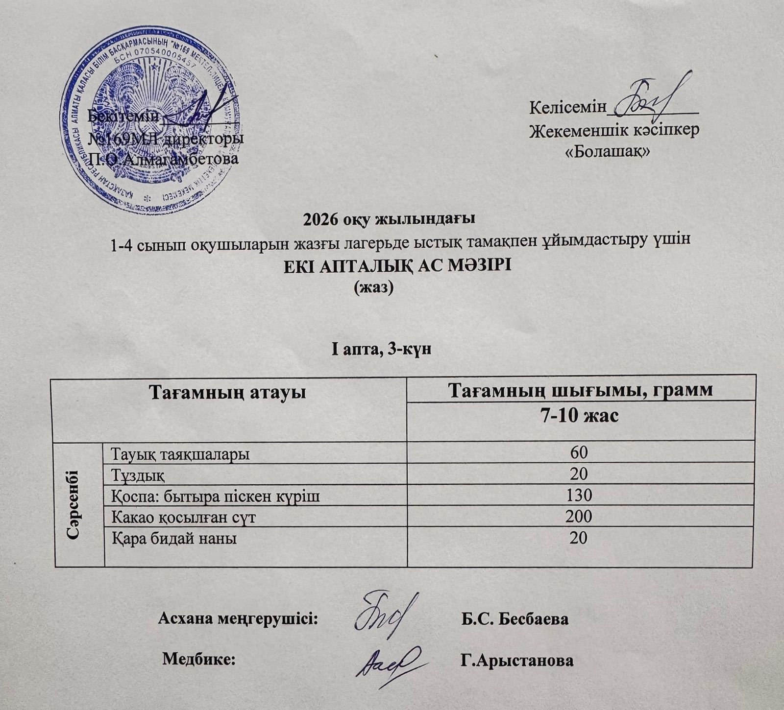 Мектепшілік лагерьдің ас мәзірі 03.06.2026.