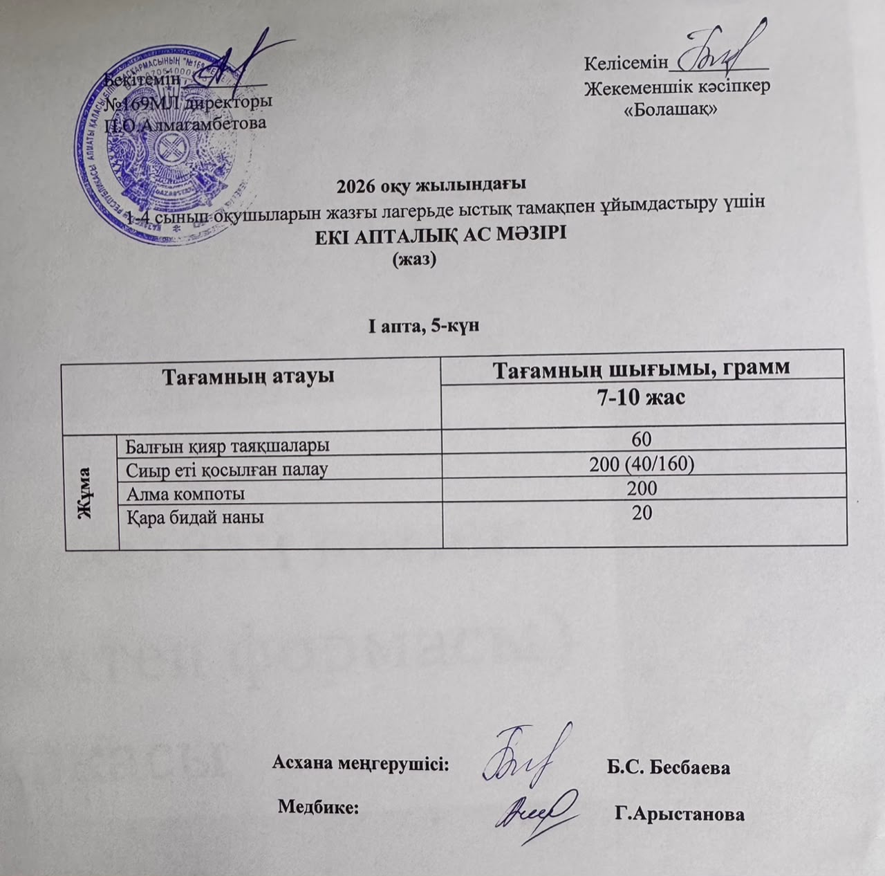 Мектепшілік лагерьдің ас мәзірі 05.06.2026.