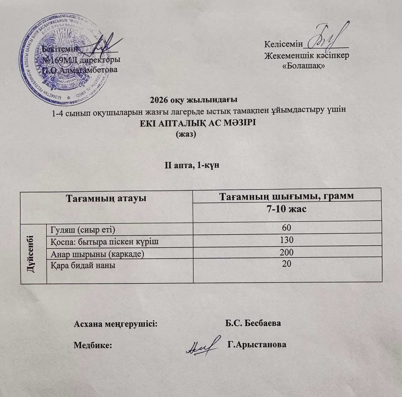 Мектепшілік лагерьдің ас мәзірі 08.06.2026.